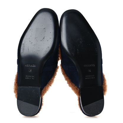 Hermes Suede Goatskin Woolskin Womens Oz Mules 36 Marine Gold 6 of 9