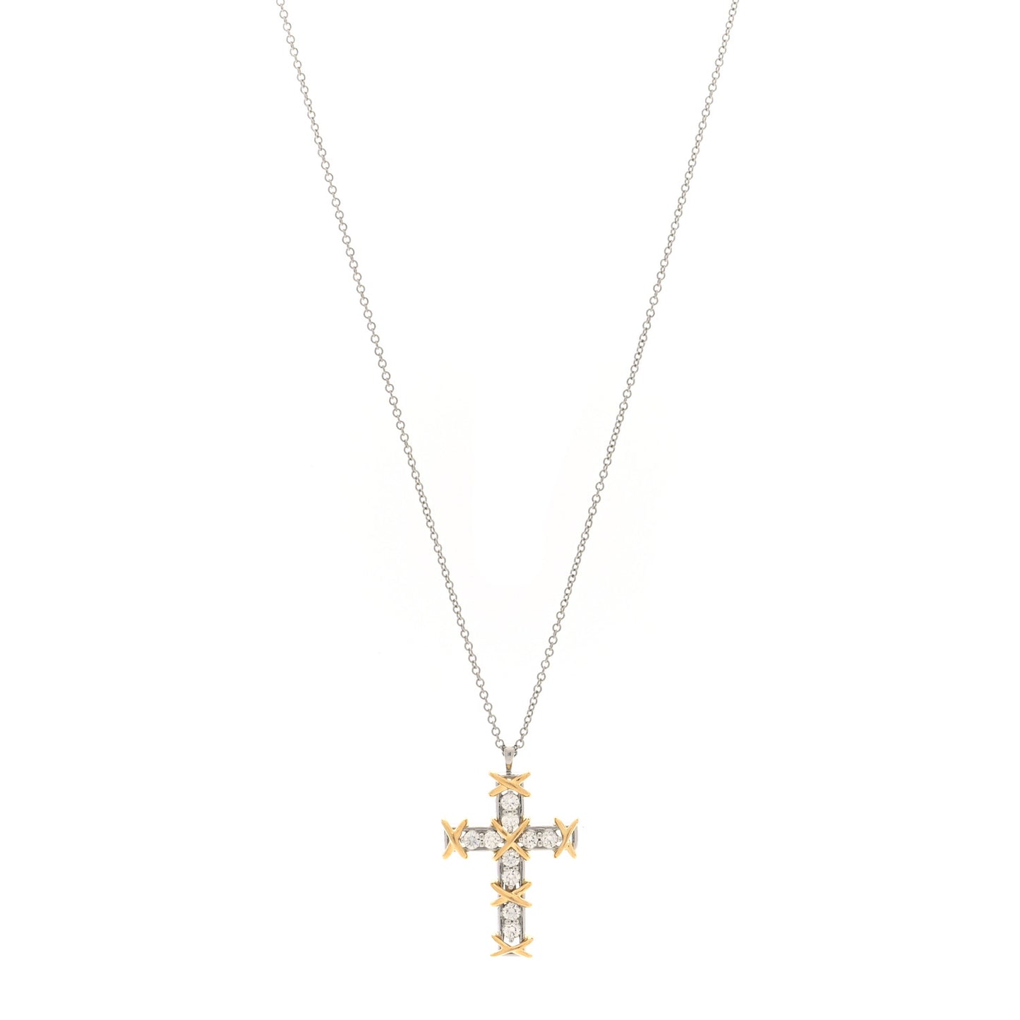 Platinum 18K Yellow Gold Diamond Schlumberger Ten Stone Cross Pendant Necklace