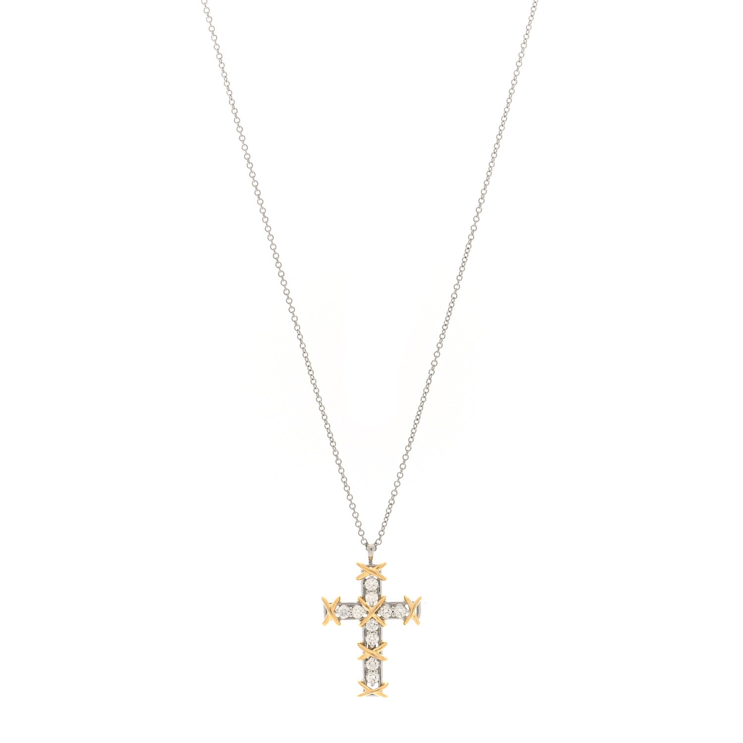 Tiffany Platinum 18K Yellow Gold Diamond Schlumberger Ten Stone Cross Pendant Necklace 1 of 4