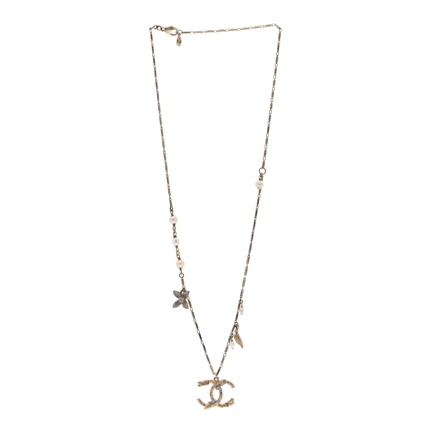 Chanel Crystal Pearl CC Camellia Flower Necklace Gold 3 of 5