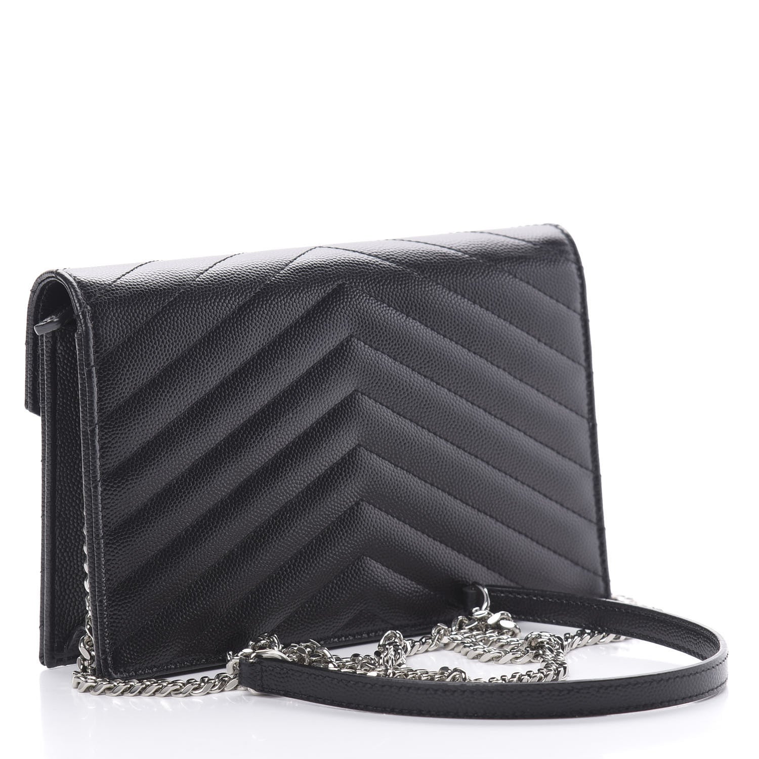 Saint Laurent Grain De Poudre Matelasse Chevron Monogram Envelope Chain Wallet Black 3 of 13