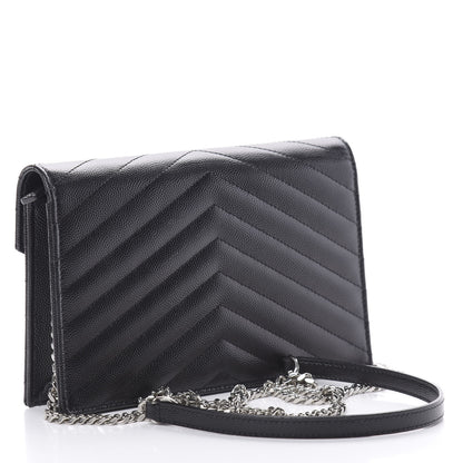 Saint Laurent Grain De Poudre Matelasse Chevron Monogram Envelope Chain Wallet Black 3 of 13