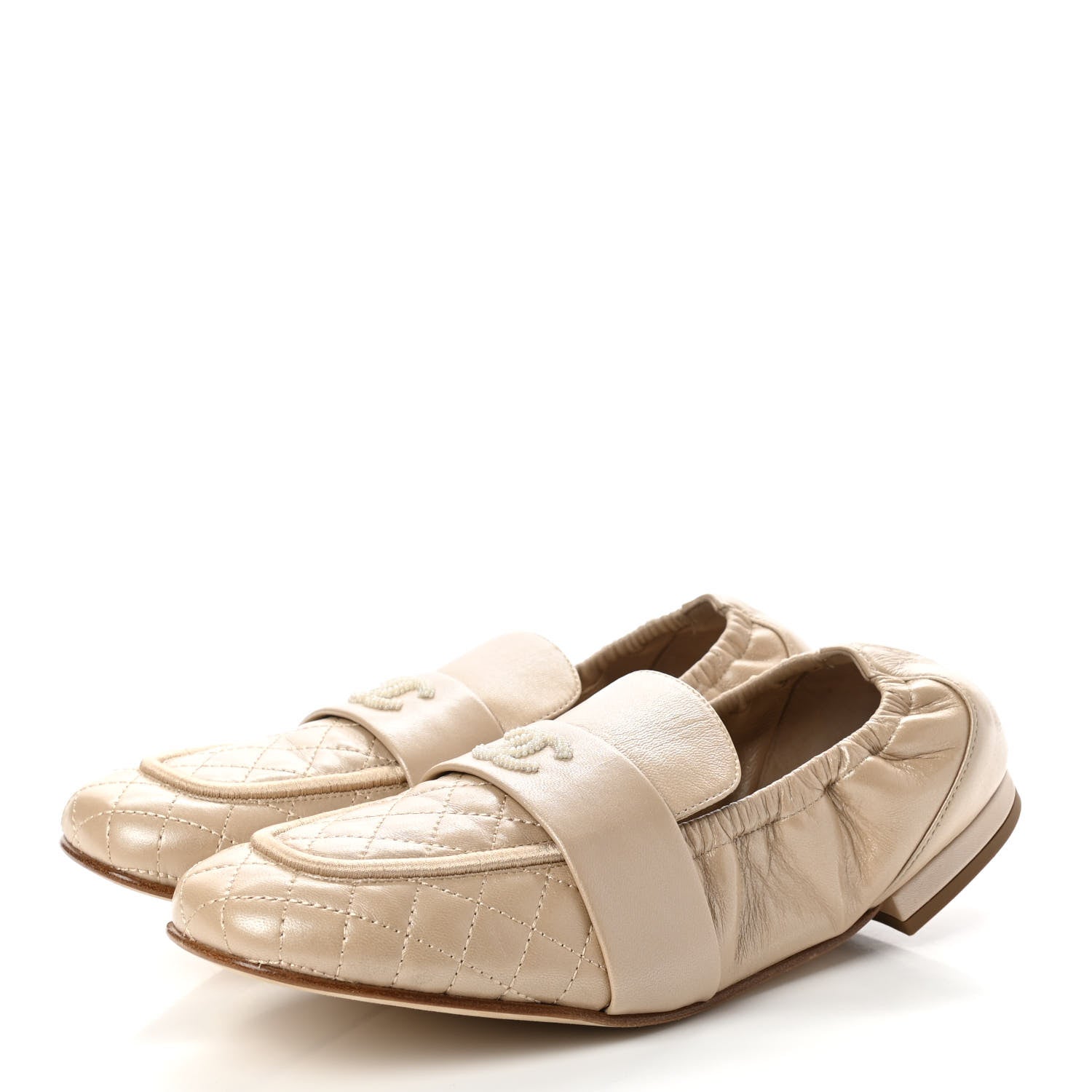 Chanel Laminated Lambskin Womens Quilted Elastic CC Moccasin Loafers 39.5 Beige 3 of 7