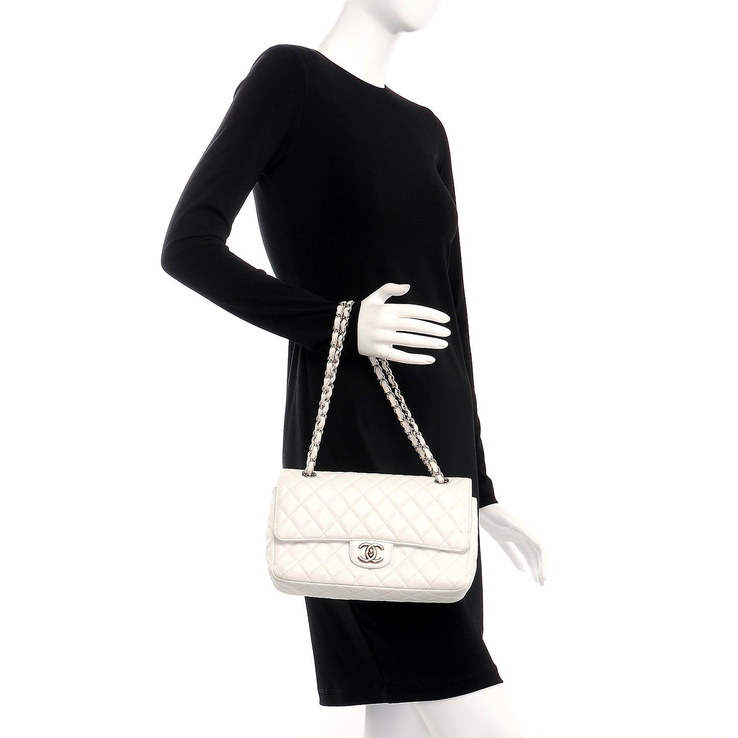 Washed Caviar Quilted Medium Double Flap White