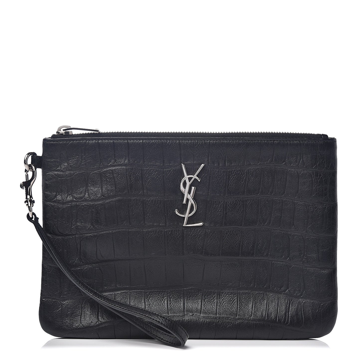 Calfskin Crocodile Embossed Monogram Zip Pouch Black