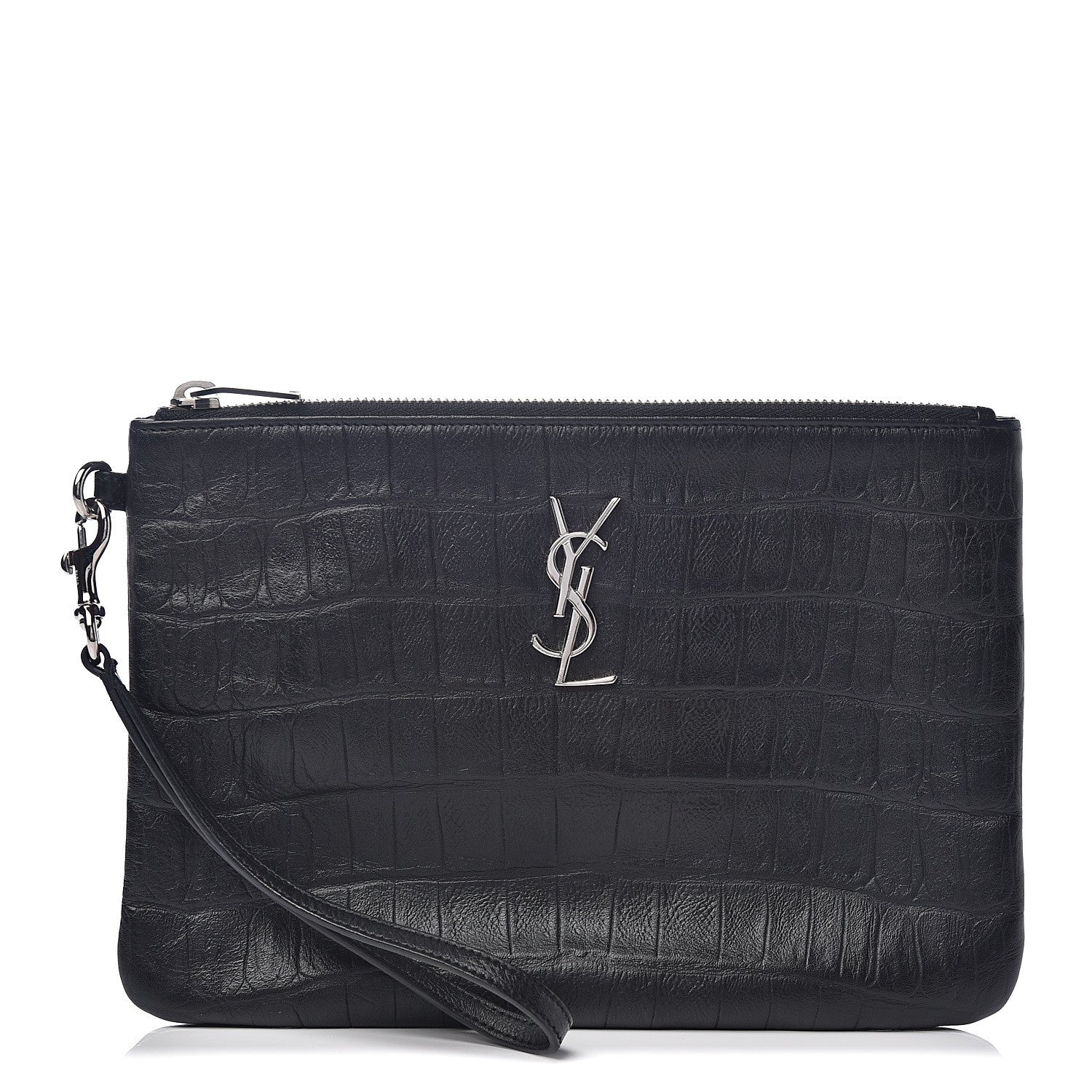 Saint Laurent Calfskin Crocodile Embossed Monogram Zip Pouch Black 1 of 7