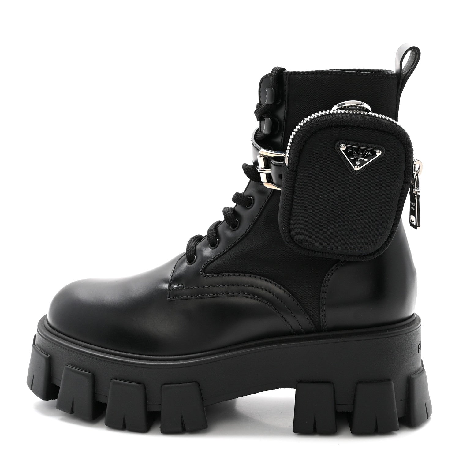 Prada Spazzolato Rois Nylon Metal Triangle Logo Monolith Pouch Pocket 55mm Boots 37 Black 1 of 10