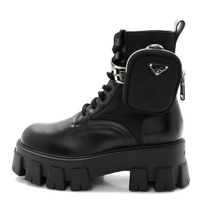 Prada Spazzolato Rois Nylon Metal Triangle Logo Monolith Pouch Pocket 55mm Boots 37 Black 1 of 10