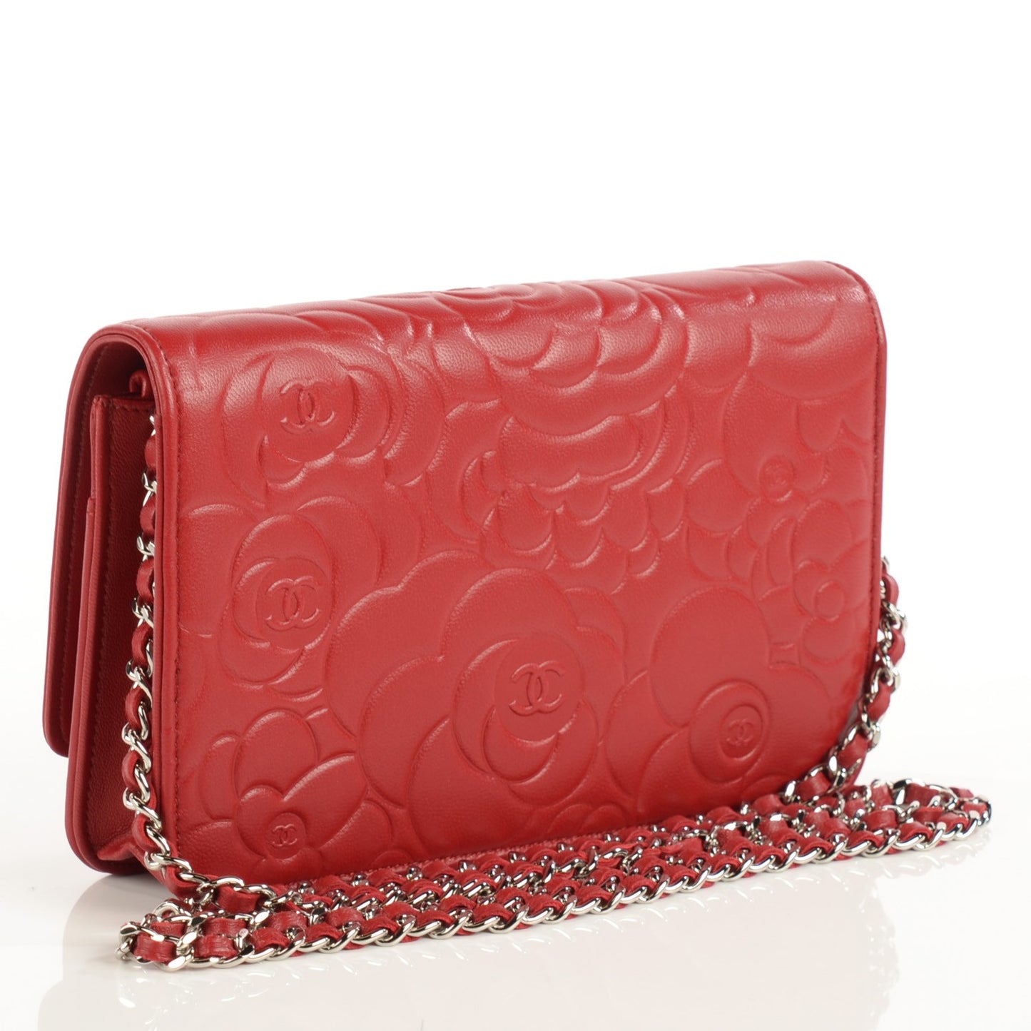 Lambskin Camellia Embossed Wallet On Chain WOC Red