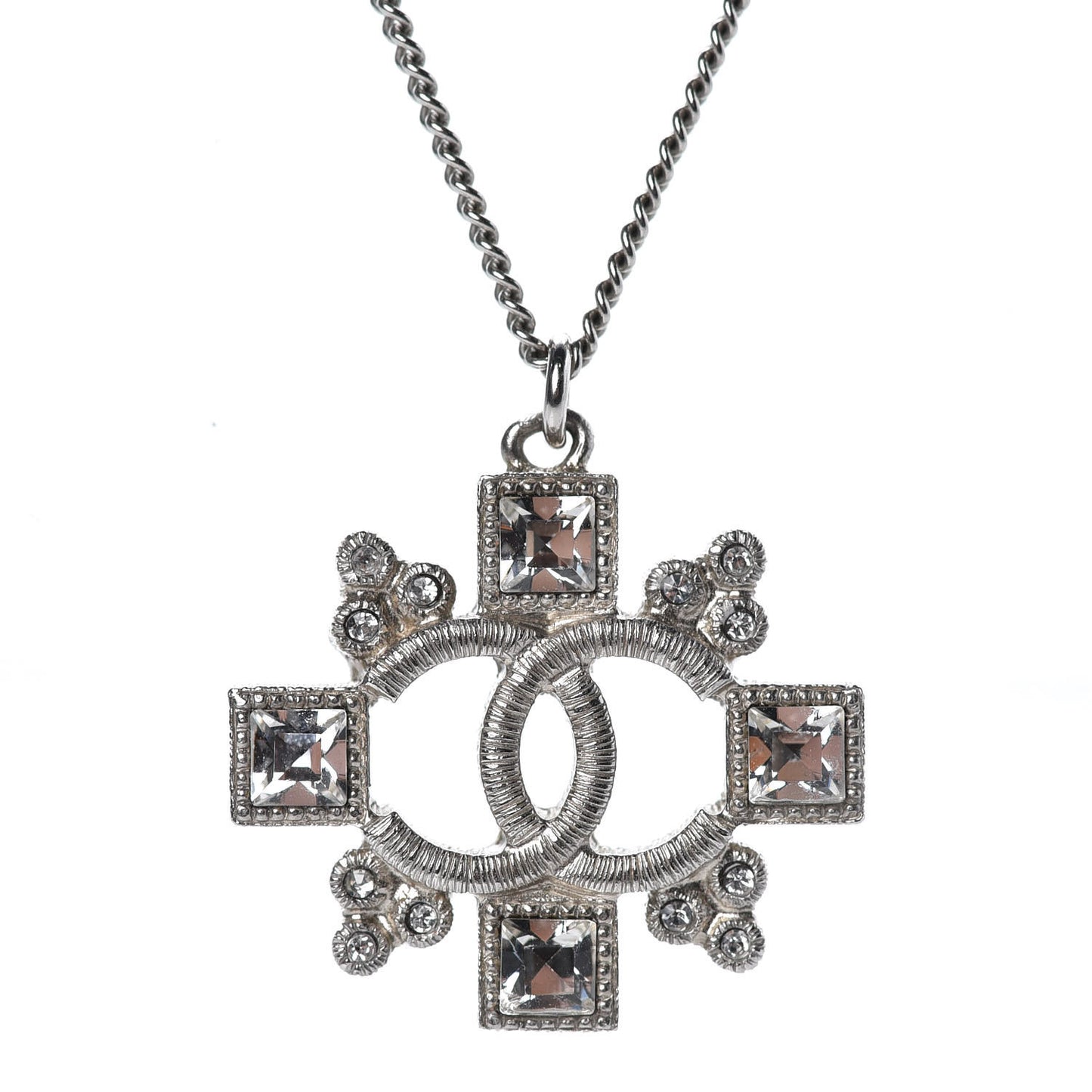 Baguette Crystal CC Pendant Necklace Silver