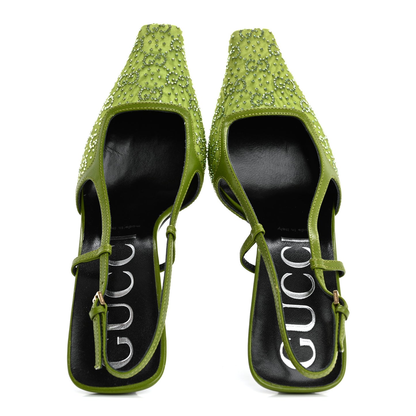 Moire Fabric Malaga Kid Crystal GG Monogram Square G 75mm Slingback Pumps 40 Lemon Leaf
