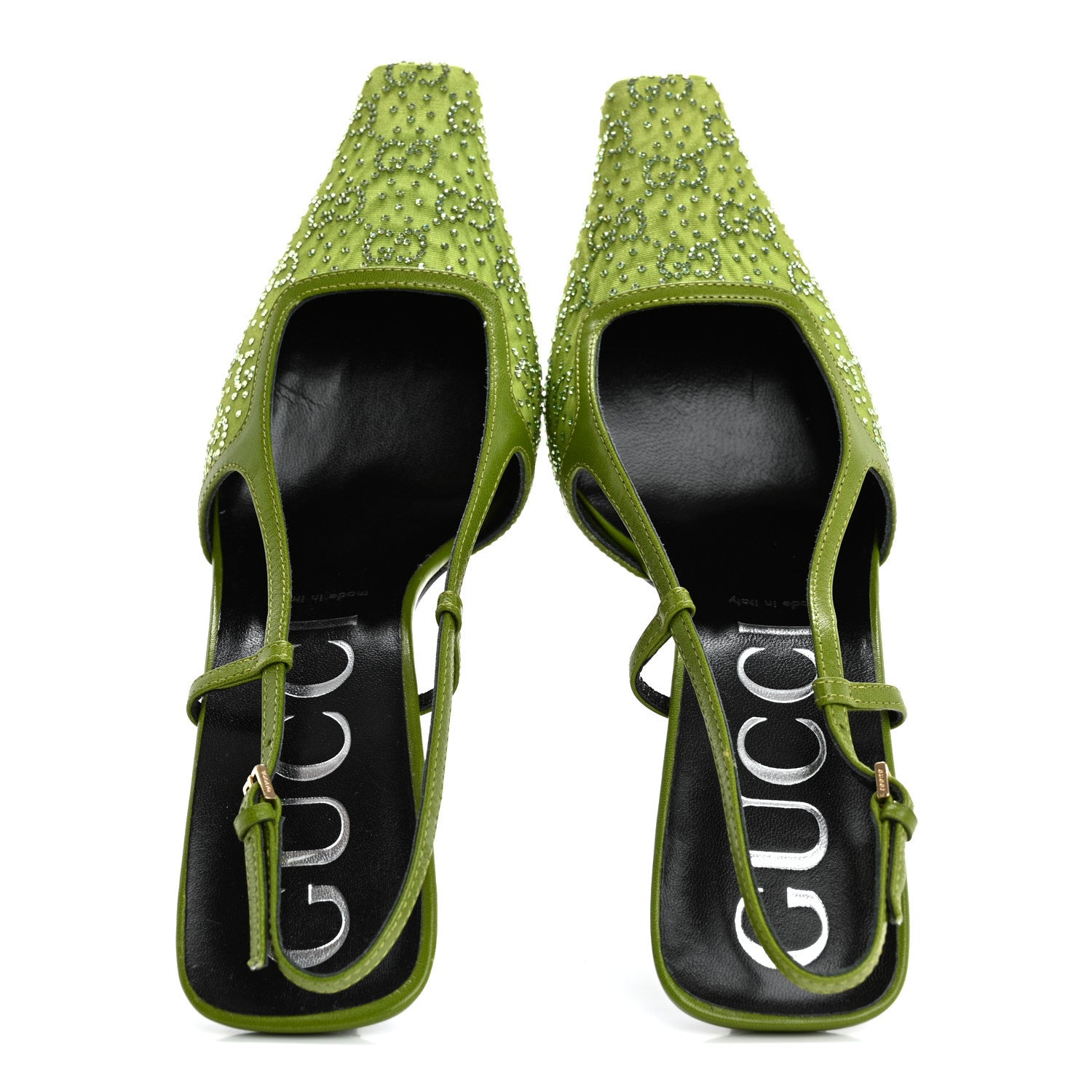 Gucci Moire Fabric Malaga Kid Crystal GG Monogram Square G 75mm Slingback Pumps 40 Lemon Leaf 2 of 9