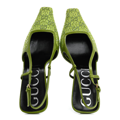 Gucci Moire Fabric Malaga Kid Crystal GG Monogram Square G 75mm Slingback Pumps 40 Lemon Leaf 2 of 9