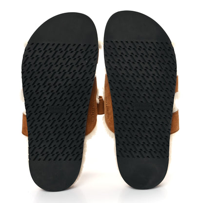 Hermes Suede Goatskin Woolskin Womens Chypre Sandals 39 Brun Fume Ecru 5 of 7