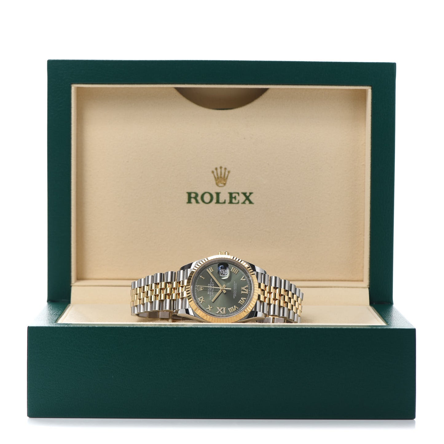 Stainless Steel 18K Yellow Gold Diamond 36mm Oyster Perpetual Datejust Watch Olive Green Roman 126233
