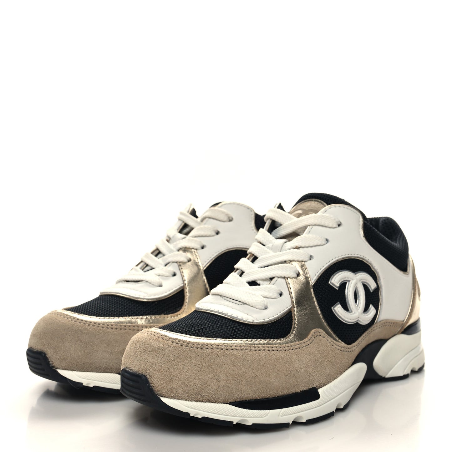 Mesh Suede Calfskin Womens CC Sneakers 35.5 White Black Beige Gold