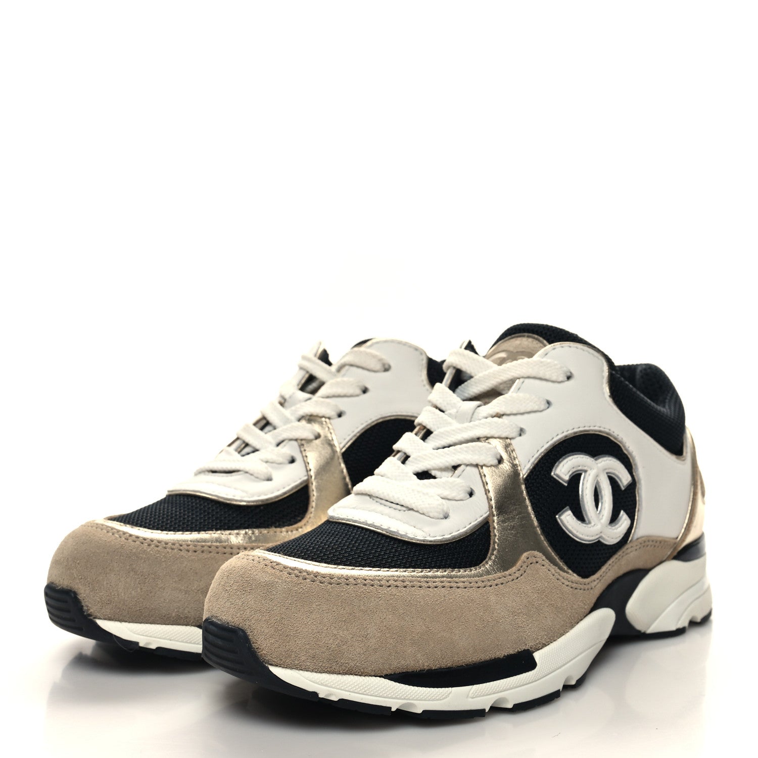 Chanel Mesh Suede Calfskin Womens CC Sneakers 35.5 White Black Beige Gold 4 of 9