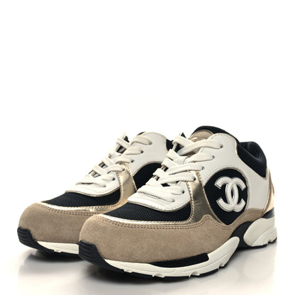 Chanel Mesh Suede Calfskin Womens CC Sneakers 35.5 White Black Beige Gold 4 of 9