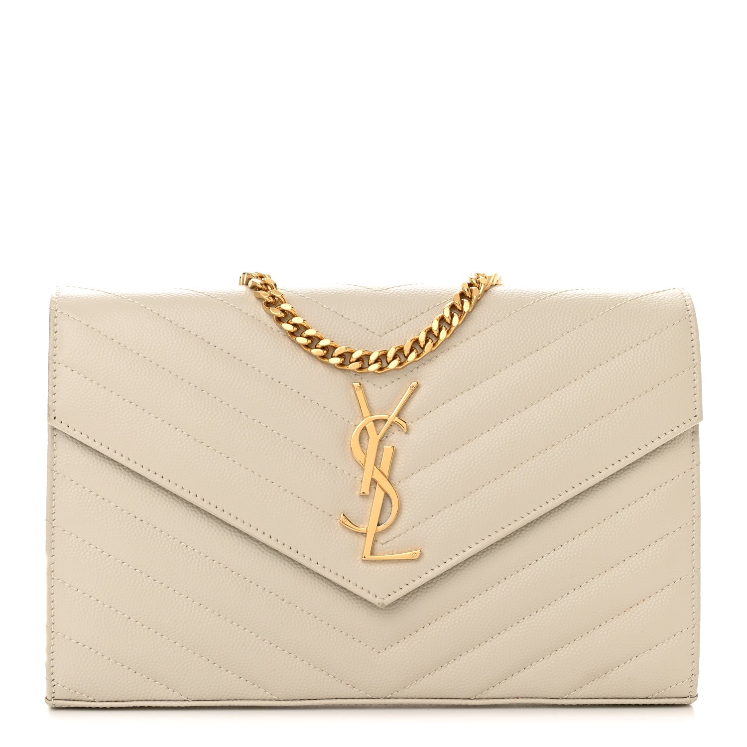 Saint Laurent Grain De Poudre Matelasse Chevron Monogram Chain Wallet Crema Soft 1 of 12