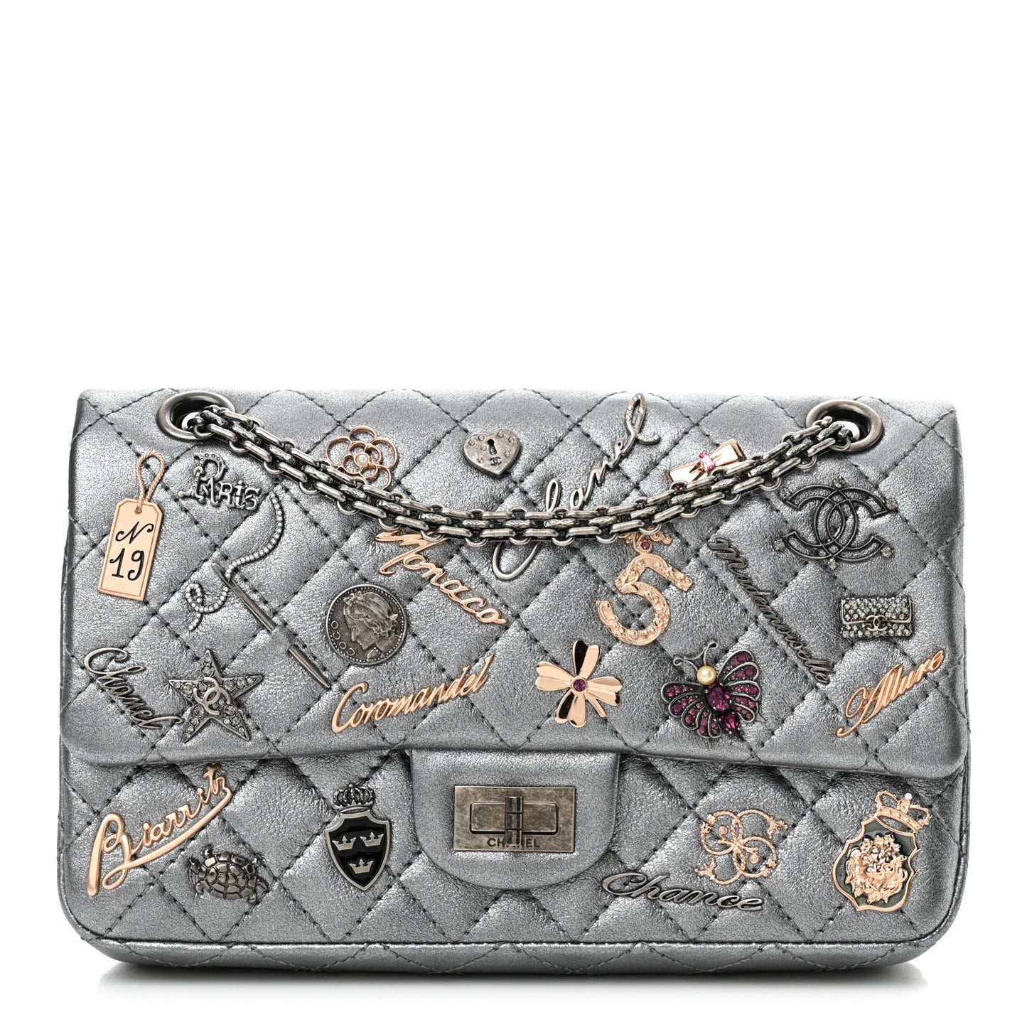 Metallic Calfskin Quilted Lucky Charms 2.55 Reissue 225 Flap Dark Silver