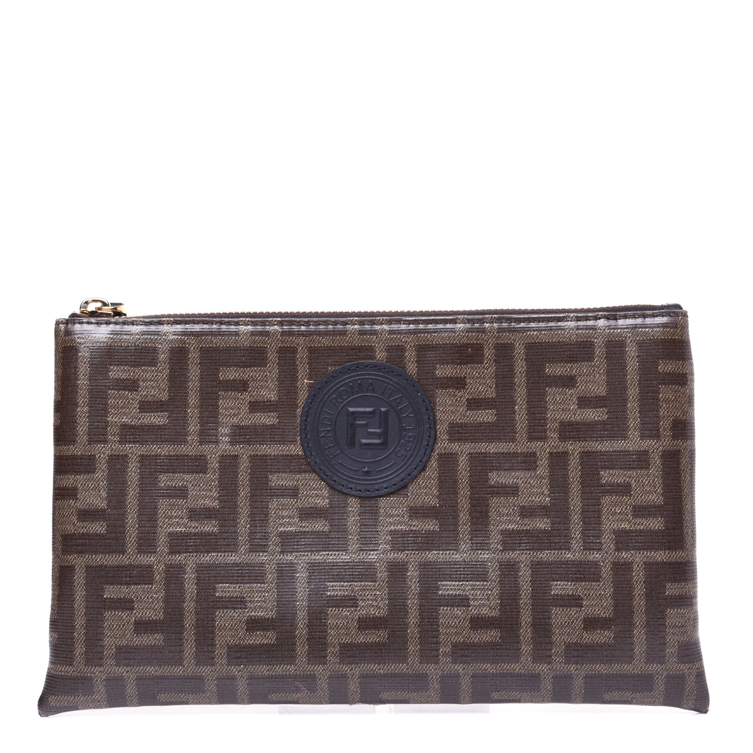 Fendi Glazed Fabric Vitello Century FF 1974 Stamp Patch Small FFreedom Flat Pouch Mogano Panna Black 1 of 10