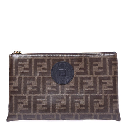Fendi Glazed Fabric Vitello Century FF 1974 Stamp Patch Small FFreedom Flat Pouch Mogano Panna Black 1 of 10