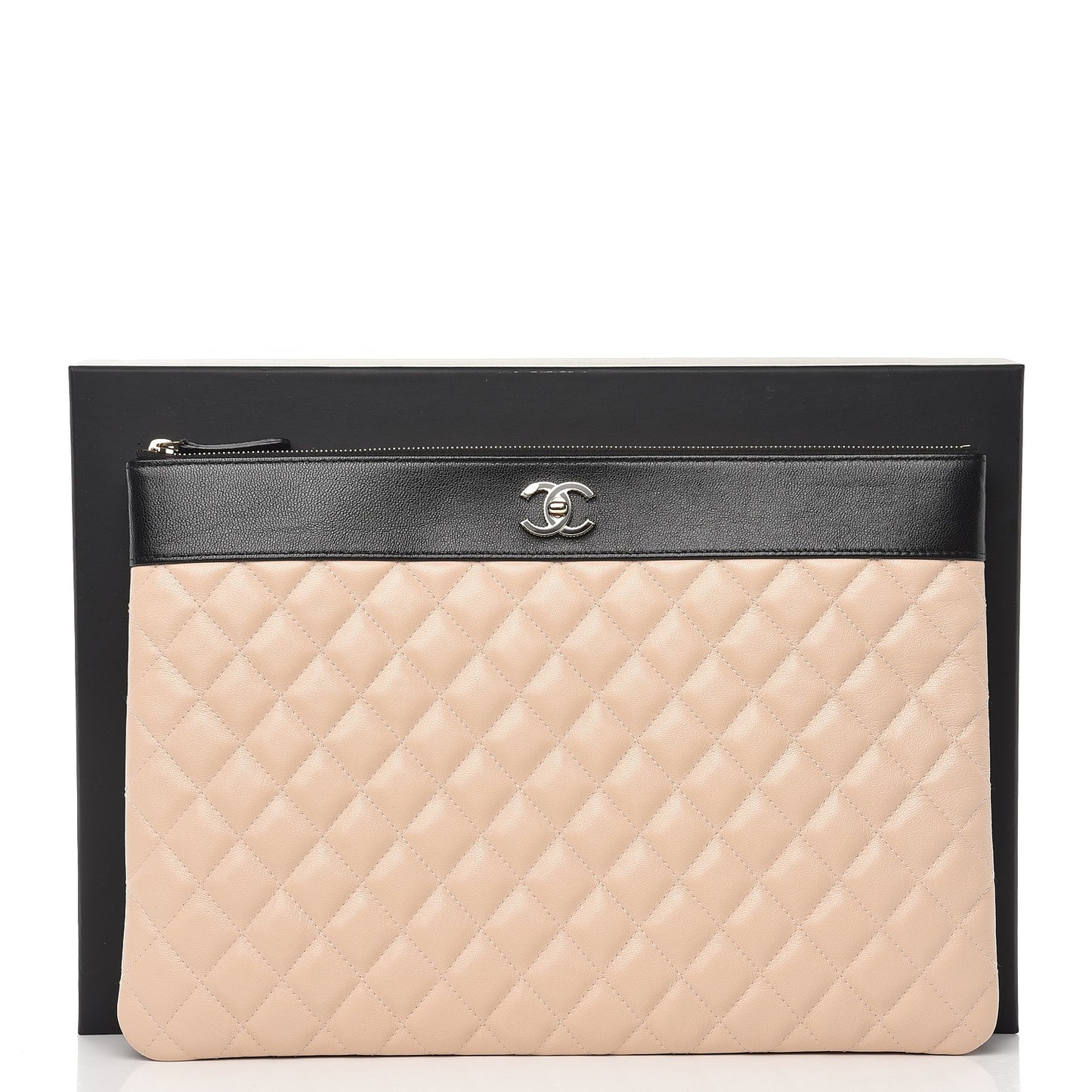 Sheepskin Quilted Large Vintage Mademoiselle Cosmetic Case Beige Black
