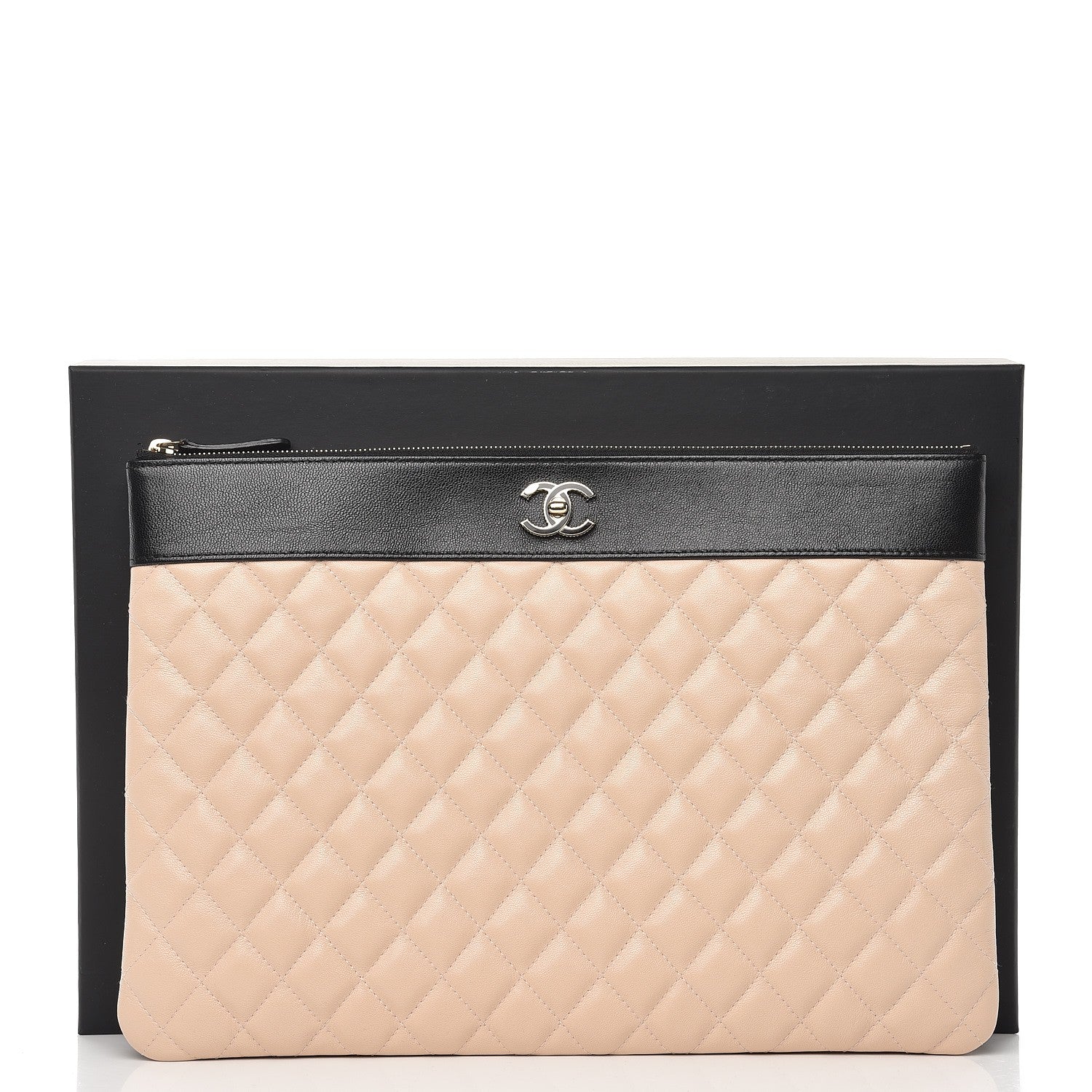 Chanel Sheepskin Quilted Large Vintage Mademoiselle Cosmetic Case Beige Black 8 of 8