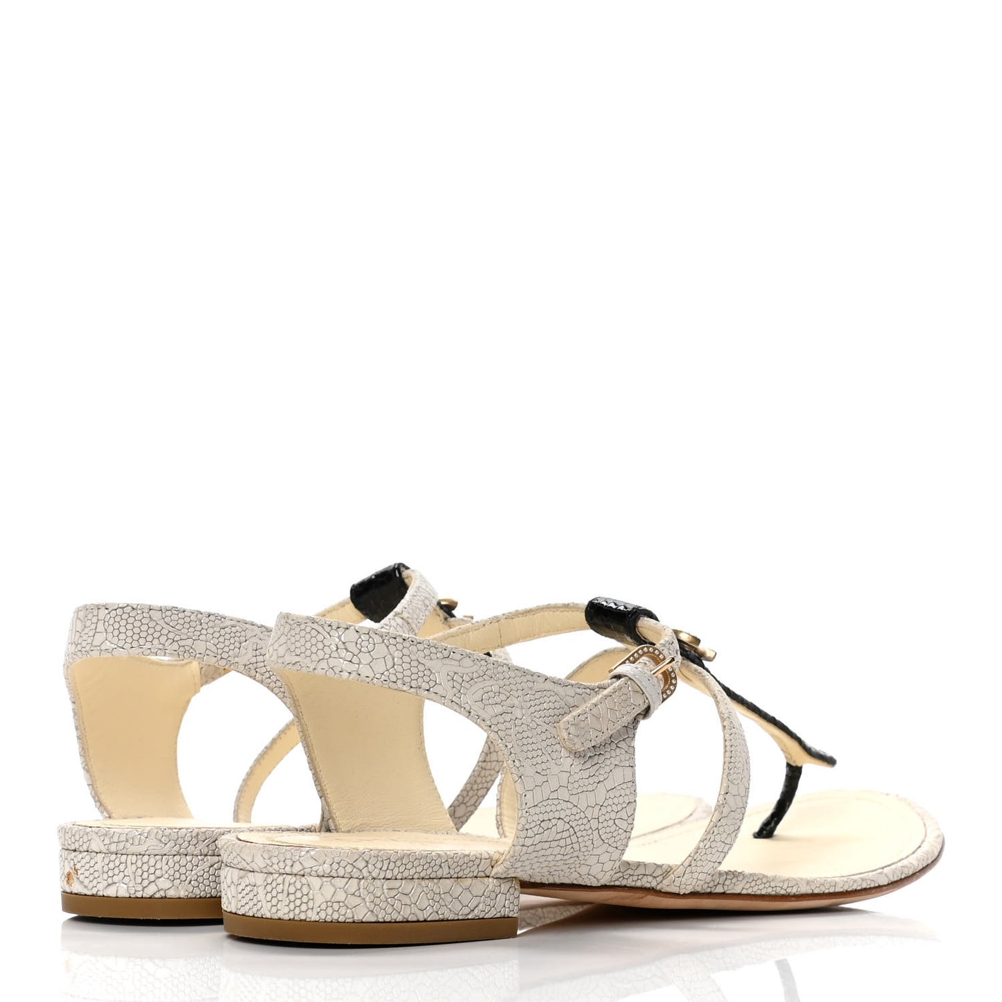 Crackled Calfskin CC Thong Sandals 37 White Black