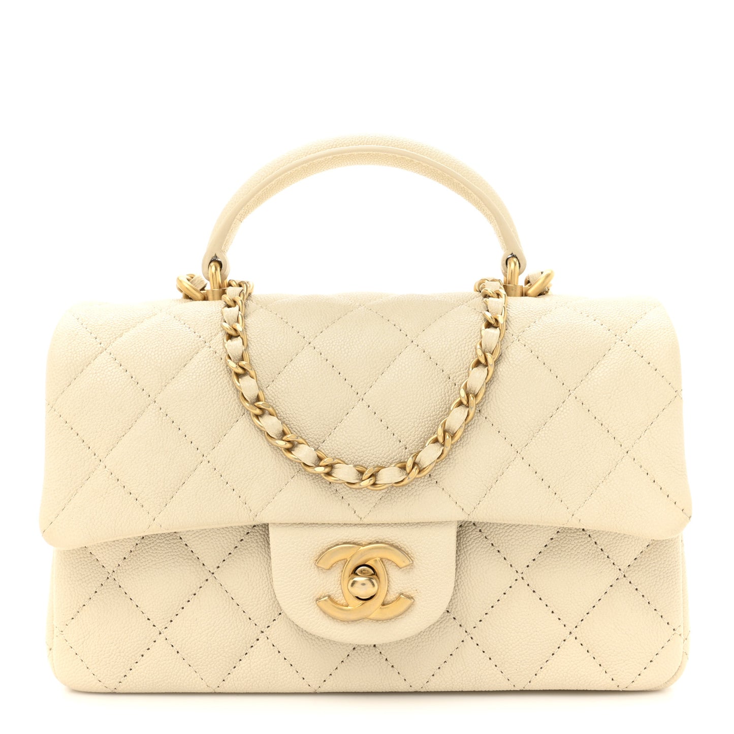 Caviar Quilted Mini Top Handle Rectangular Flap Beige