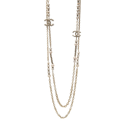 Chanel Crystal Pearl CC Long Multistrand Necklace Gold 1 of 5