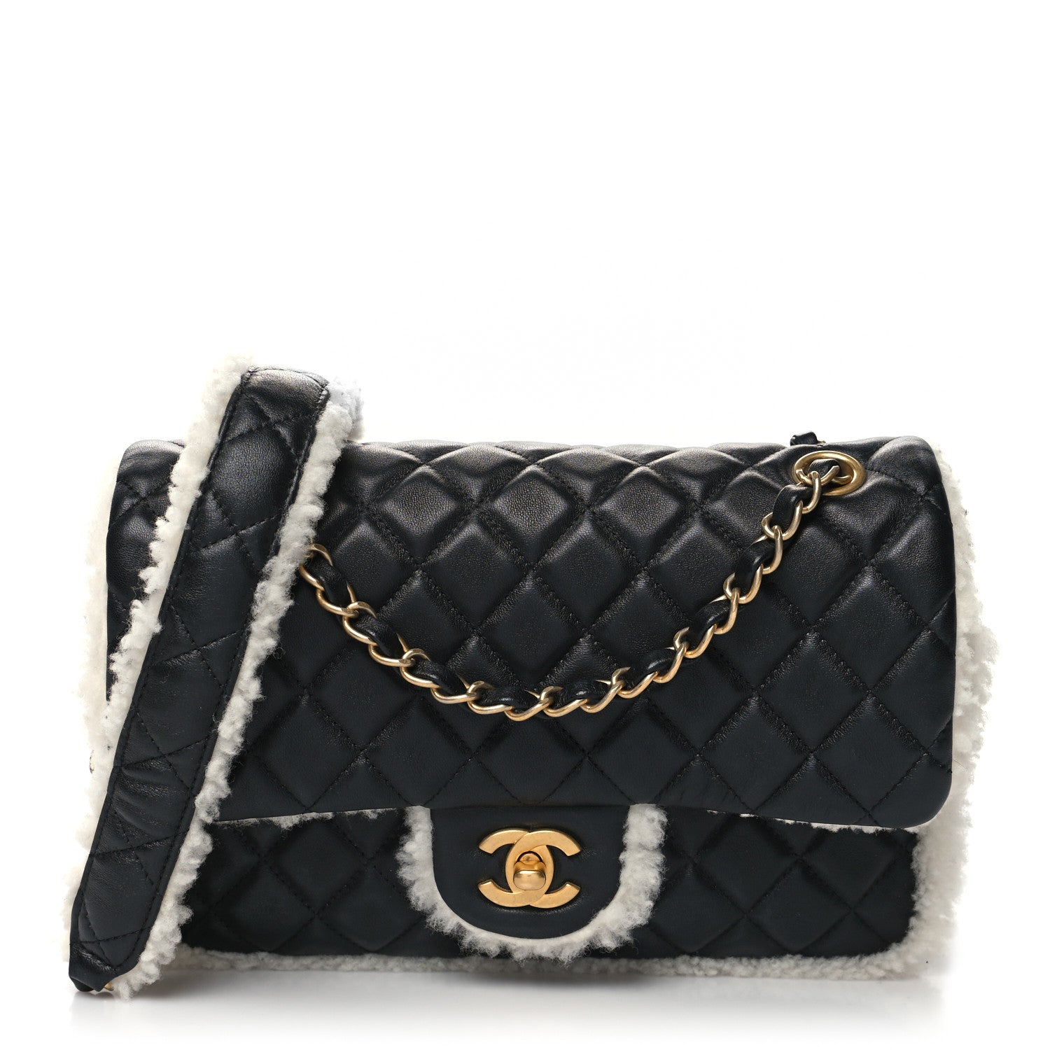 Chanel Lambskin Shearling Large CC Flap Bag Black White 1 of 10