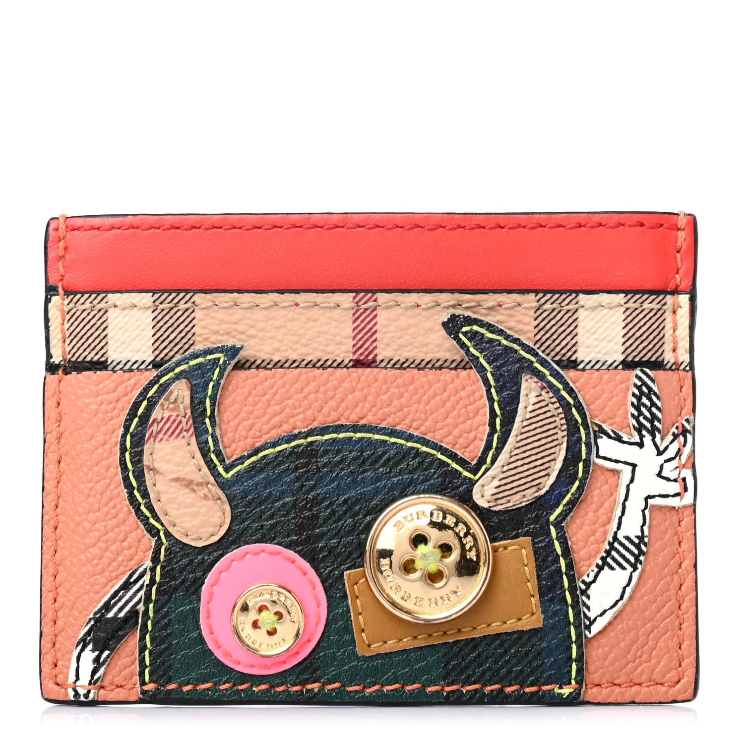 Burberry Calfskin Haymarket Check Creature Appliqué Card Case Multicolor 1 of 4