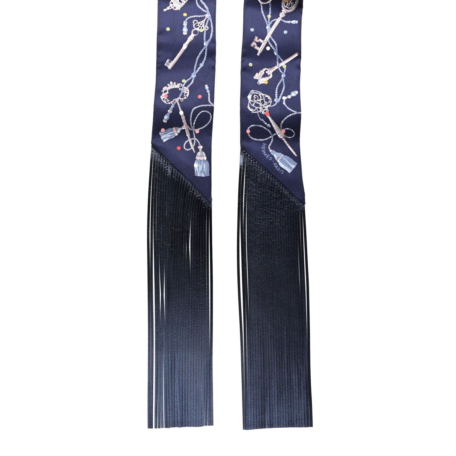 Hermes Silk Metallic Agneau Les Cles A Pois Fringed Twilly Bleu Marine Gris Argent Multicolor 2 of 4