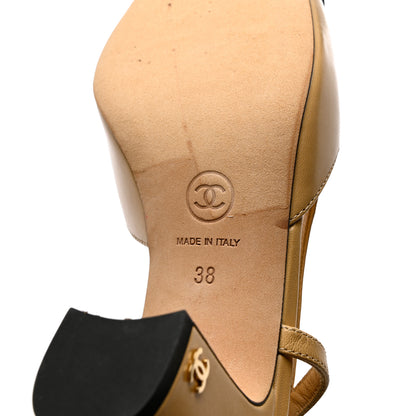 Chanel Goatskin Grosgrain Cap Toe CC Slingback Pumps 38 Beige Black 7 of 11