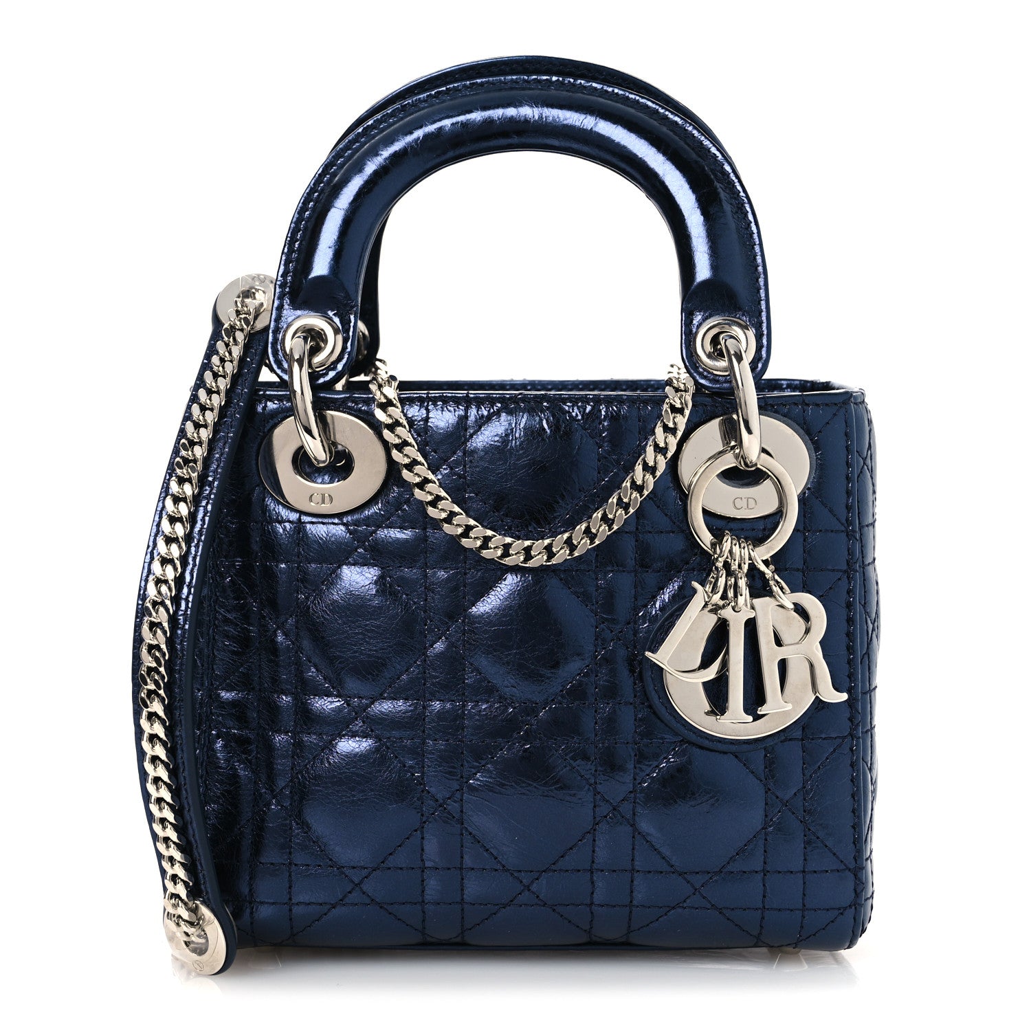 Christian Dior Metallic Crinkled Lambskin Cannage Mini Lady Dior Blue 1 of 12
