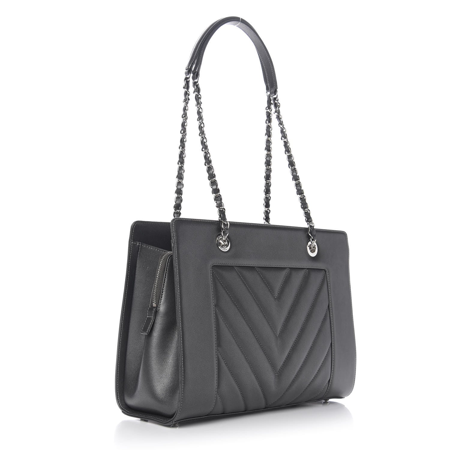 Chanel Sheepskin Chevron Quilted Mademoiselle Vintage Shopping Tote Dark Grey 3 of 11