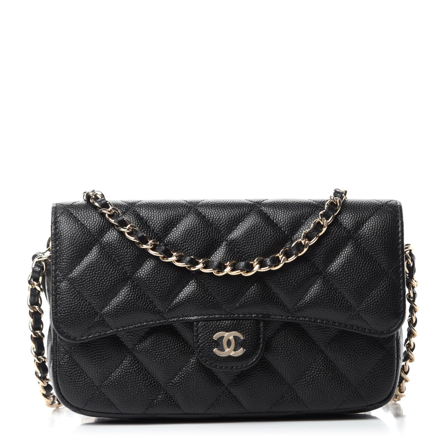 Caviar Quilted Flap Phone Holder With Chain Black