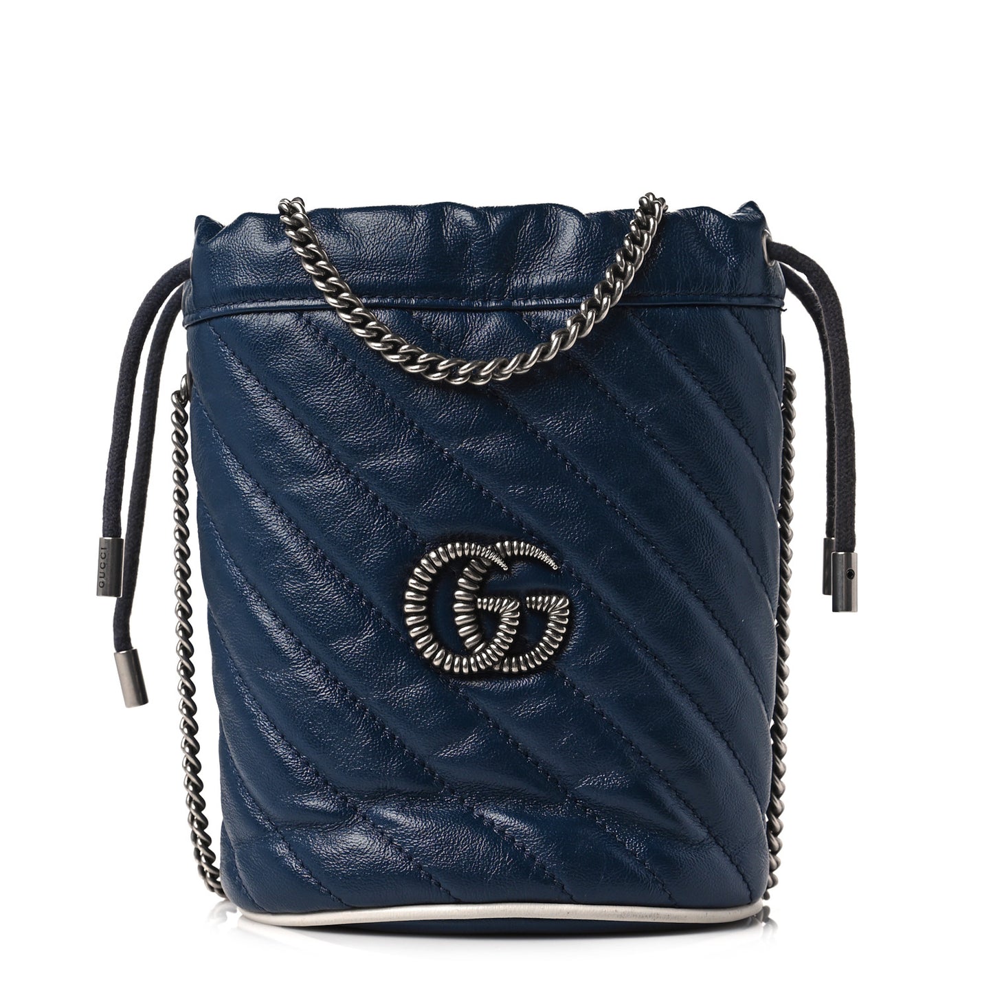 Vintage Effect Calfskin Matelasse Diagonal Mini Torchon GG Marmont 2.0 Bucket Bag Blue Agata Mystic White