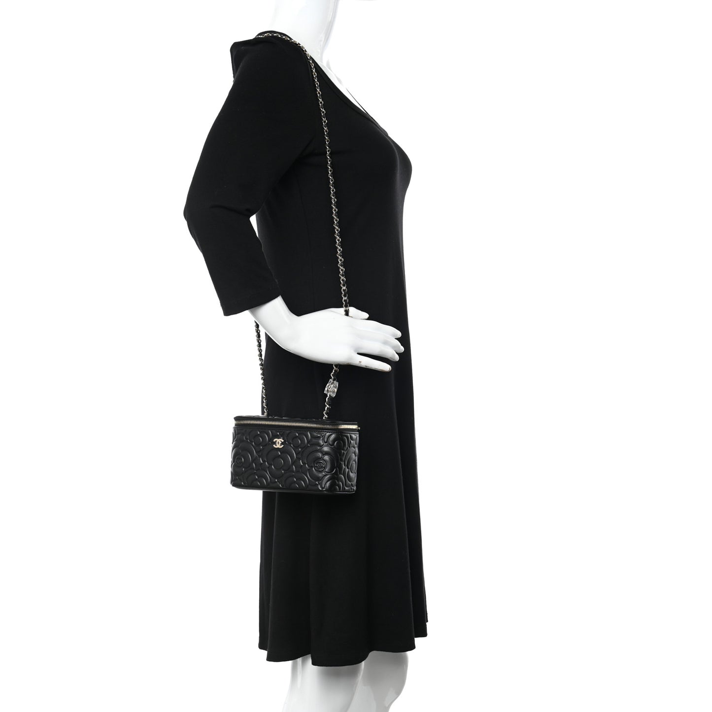 Lambskin Camellia Embossed Small Vanity Case With Chain Black
