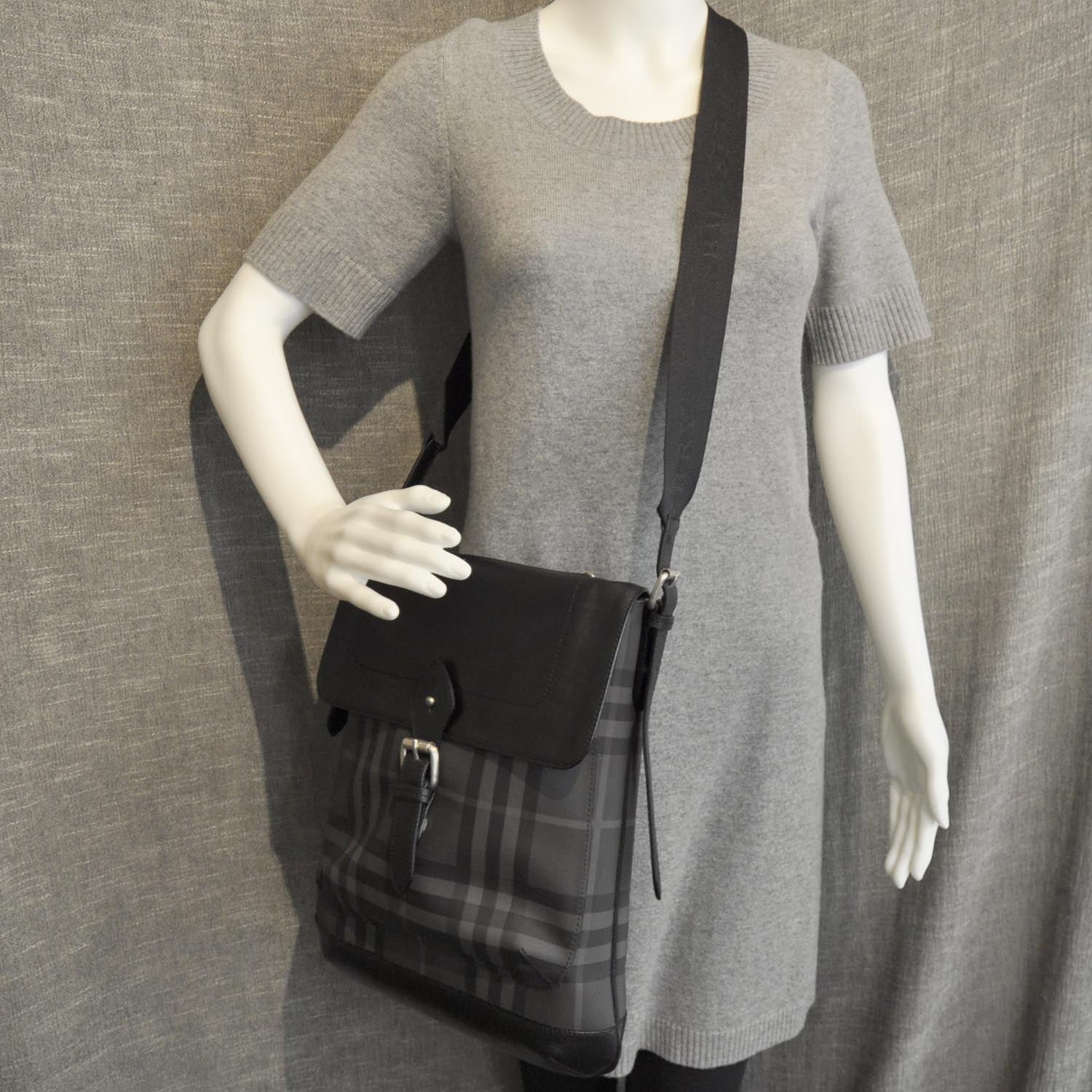 Burberry Nylon Tonal Check Messenger Bag Black 3 of 9