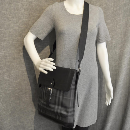 Burberry Nylon Tonal Check Messenger Bag Black 3 of 9