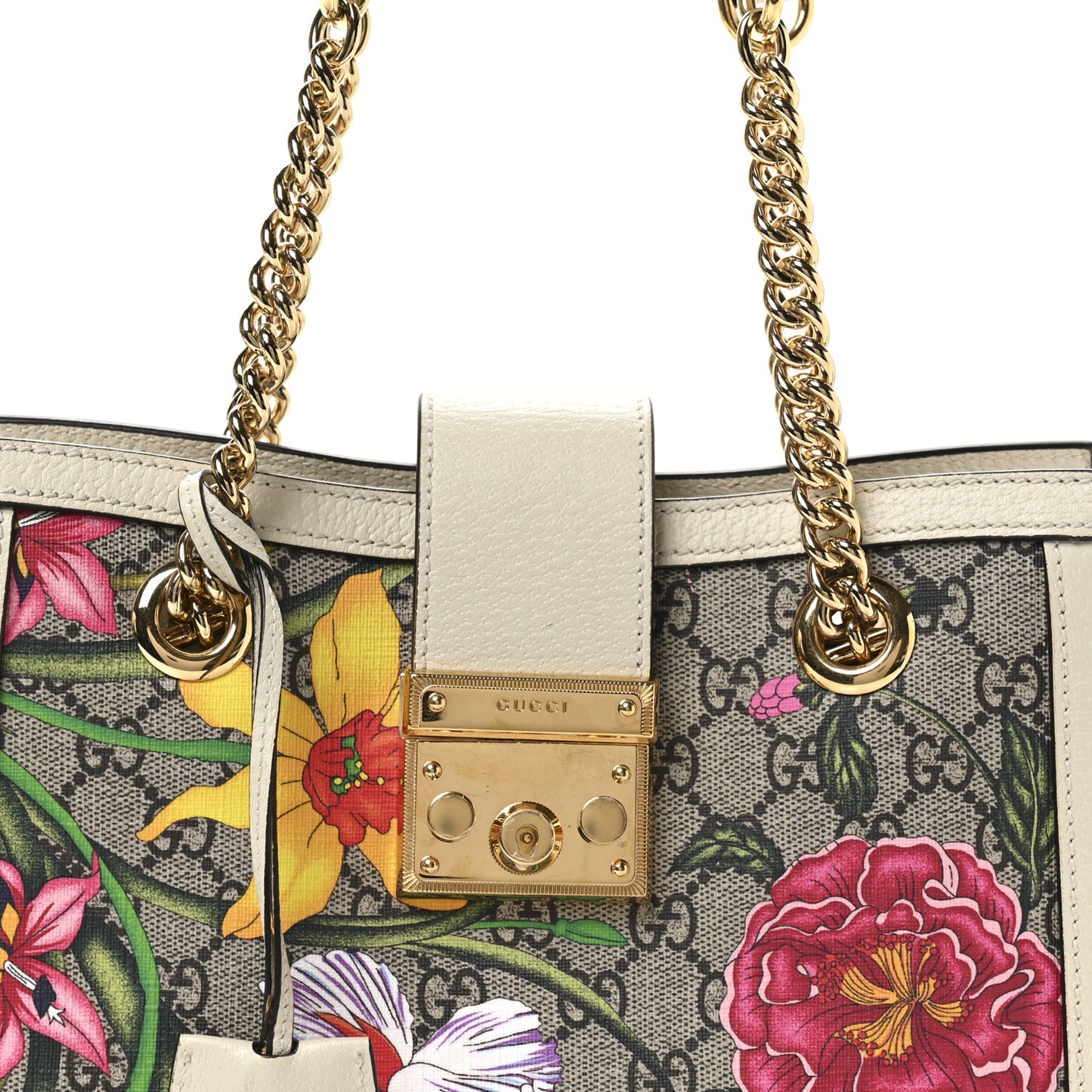 GG Supreme Monogram Flora Textured Calfskin Small Padlock Tote Beige Ebony Multicolor Mystic White