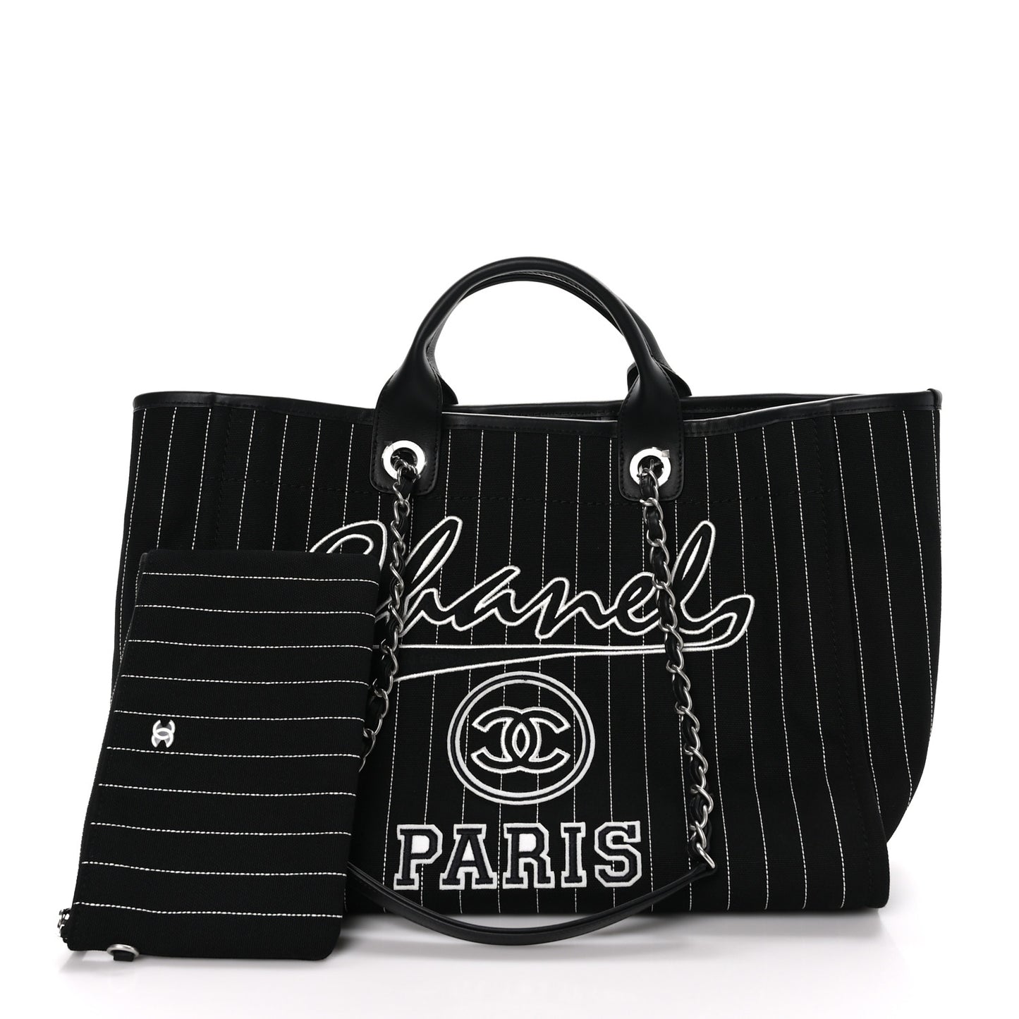 Canvas Calfskin Striped Medium Deauville Tote Black White