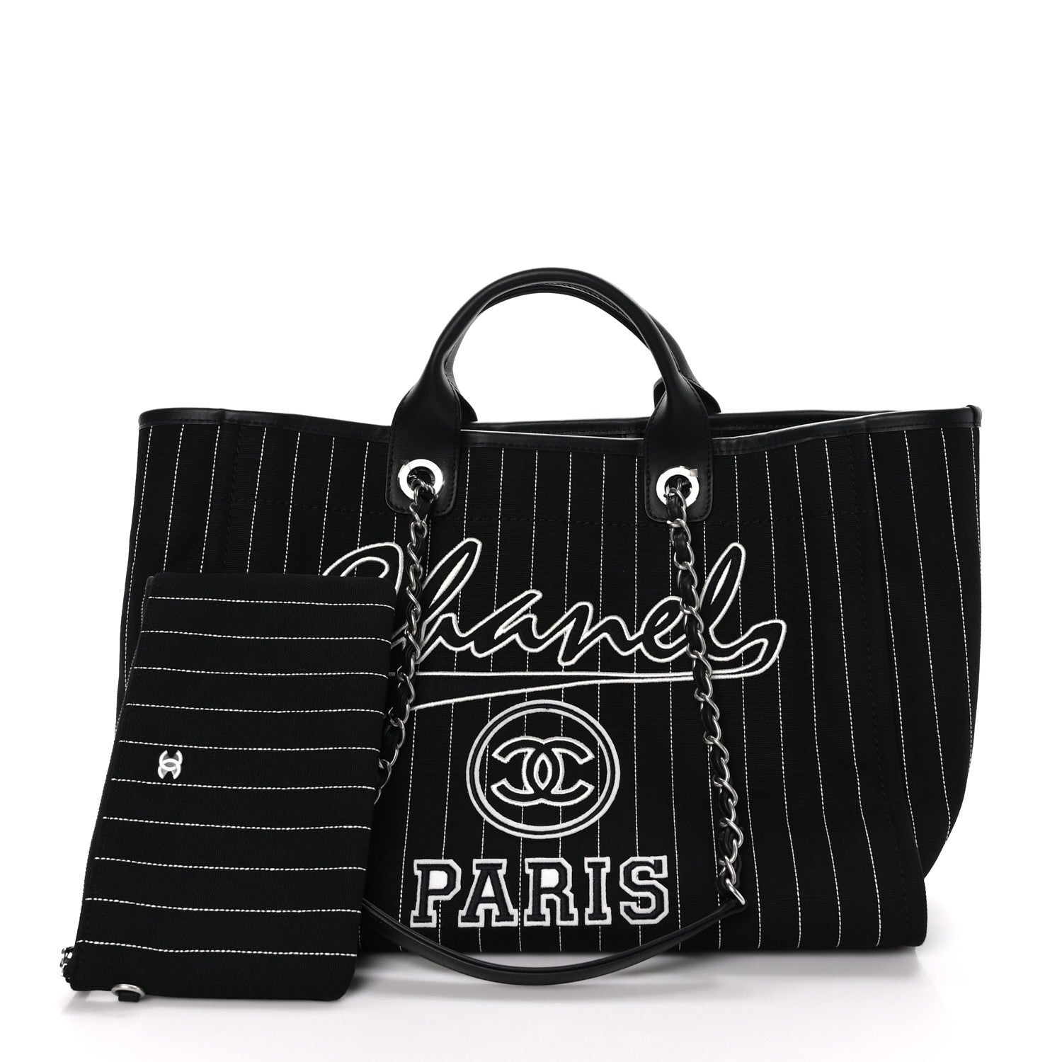 Chanel Canvas Calfskin Striped Medium Deauville Tote Black White 3 of 11