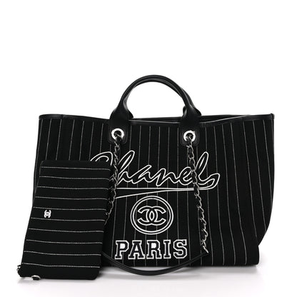 Chanel Canvas Calfskin Striped Medium Deauville Tote Black White 3 of 11
