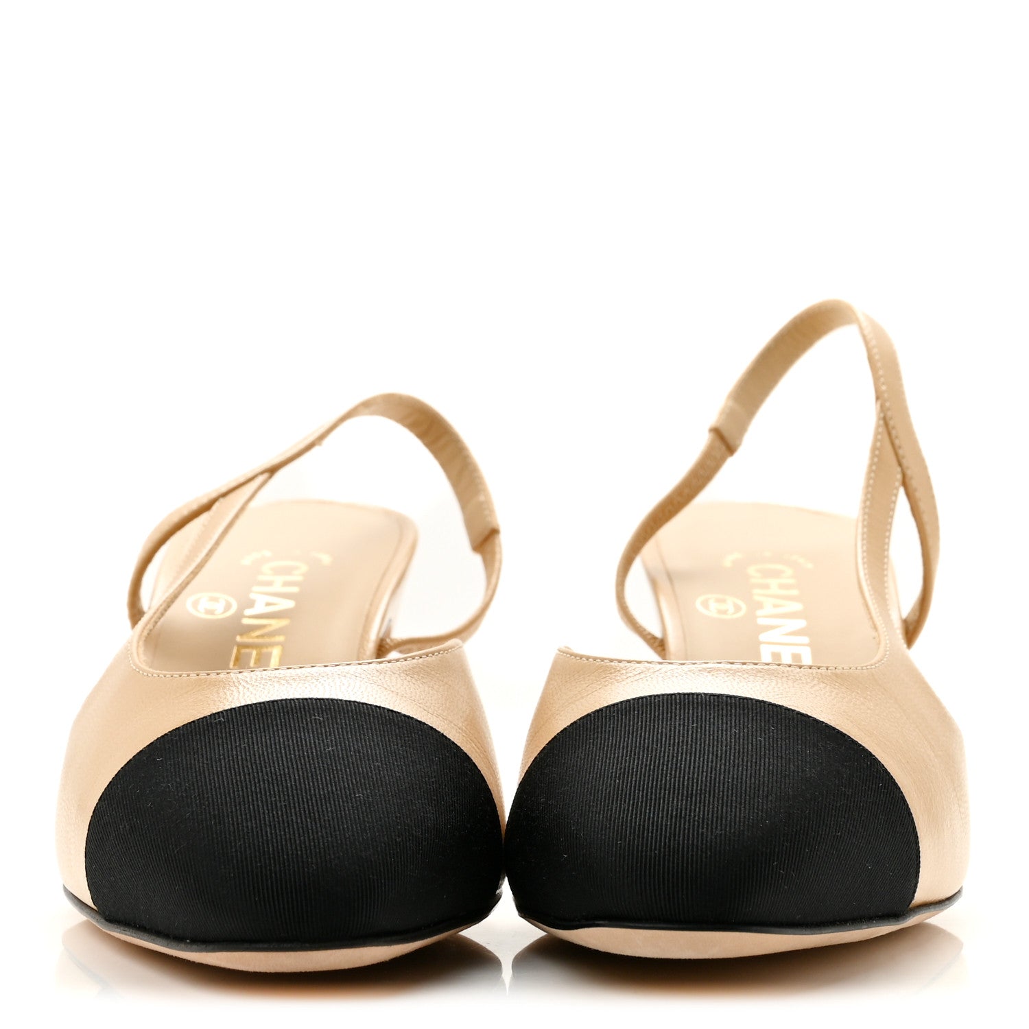 Chanel Goatskin Grosgrain Cap Toe CC Slingback Pumps 37 Beige Black 3 of 10