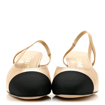 Chanel Goatskin Grosgrain Cap Toe CC Slingback Pumps 37 Beige Black 3 of 10