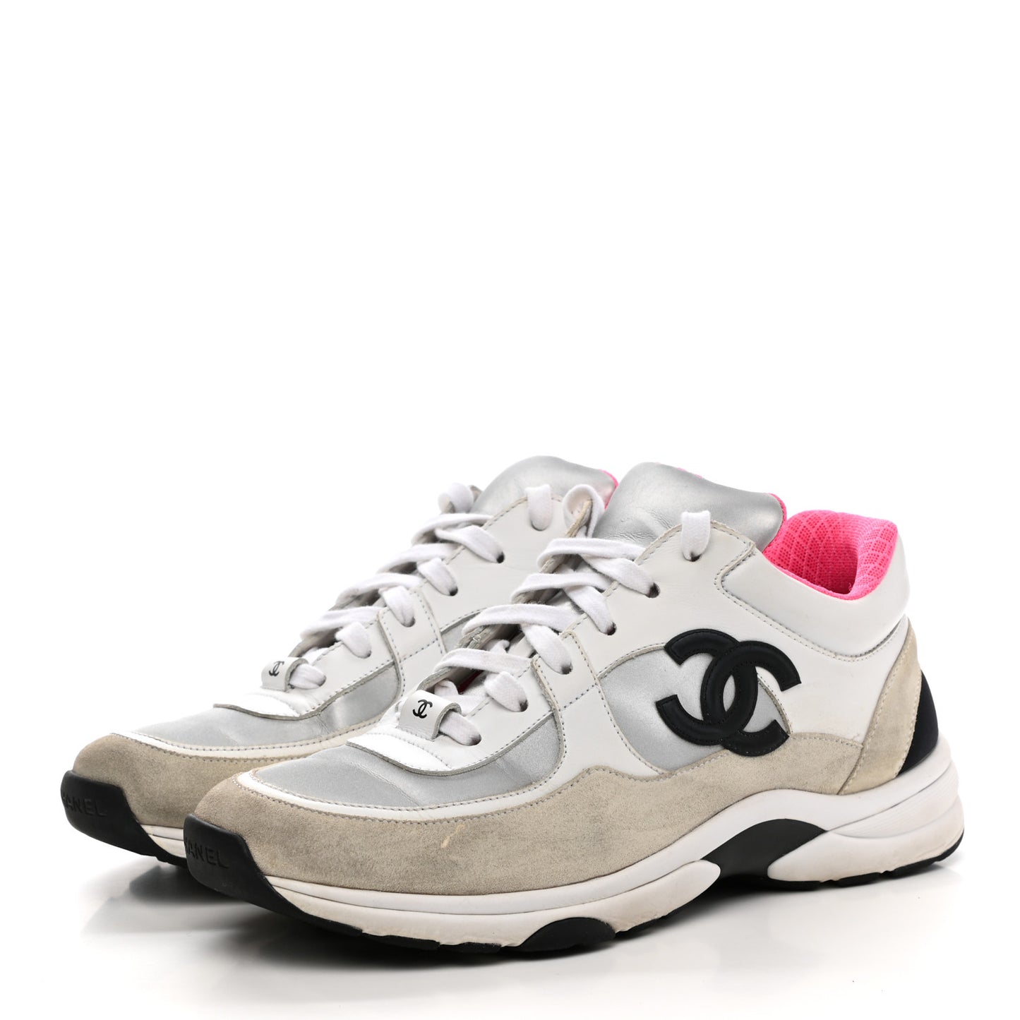 Calfskin Fabric Sneakers 40 White Silver Fluo Pink