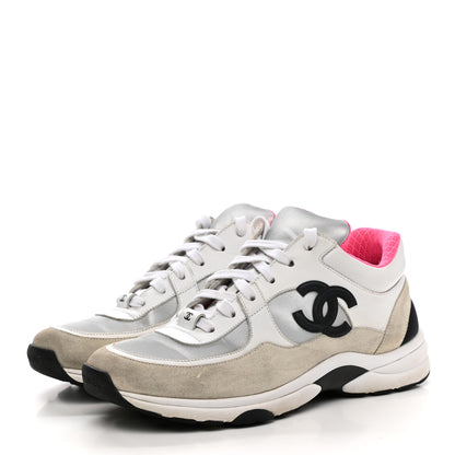 Chanel Calfskin Fabric Sneakers 40 White Silver Fluo Pink 3 of 13